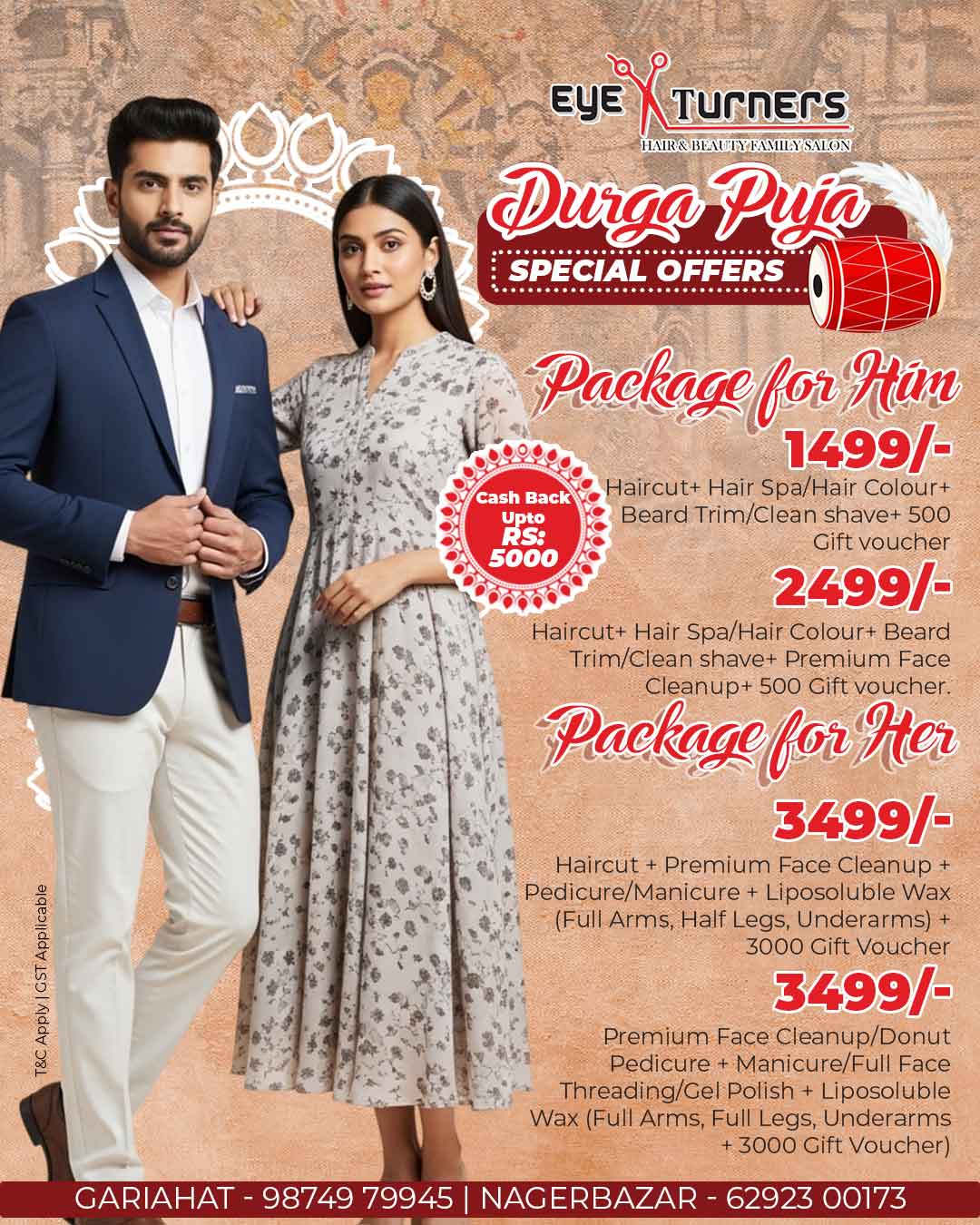 Eye Turners Salon Durga Puja beauty packages for Him and Her in Kolkata including haircut, grooming, facial, manicure, pedicure and waxing